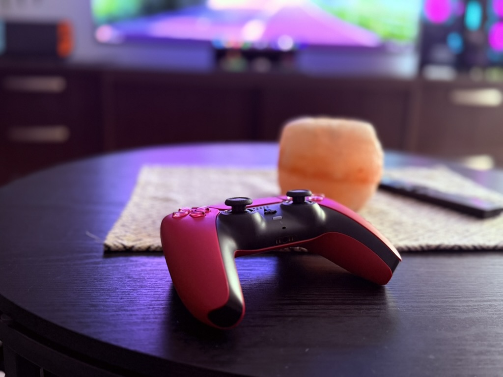 A game controller resting on a table