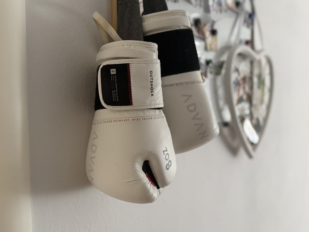 A pair of boxing gloves hanging up