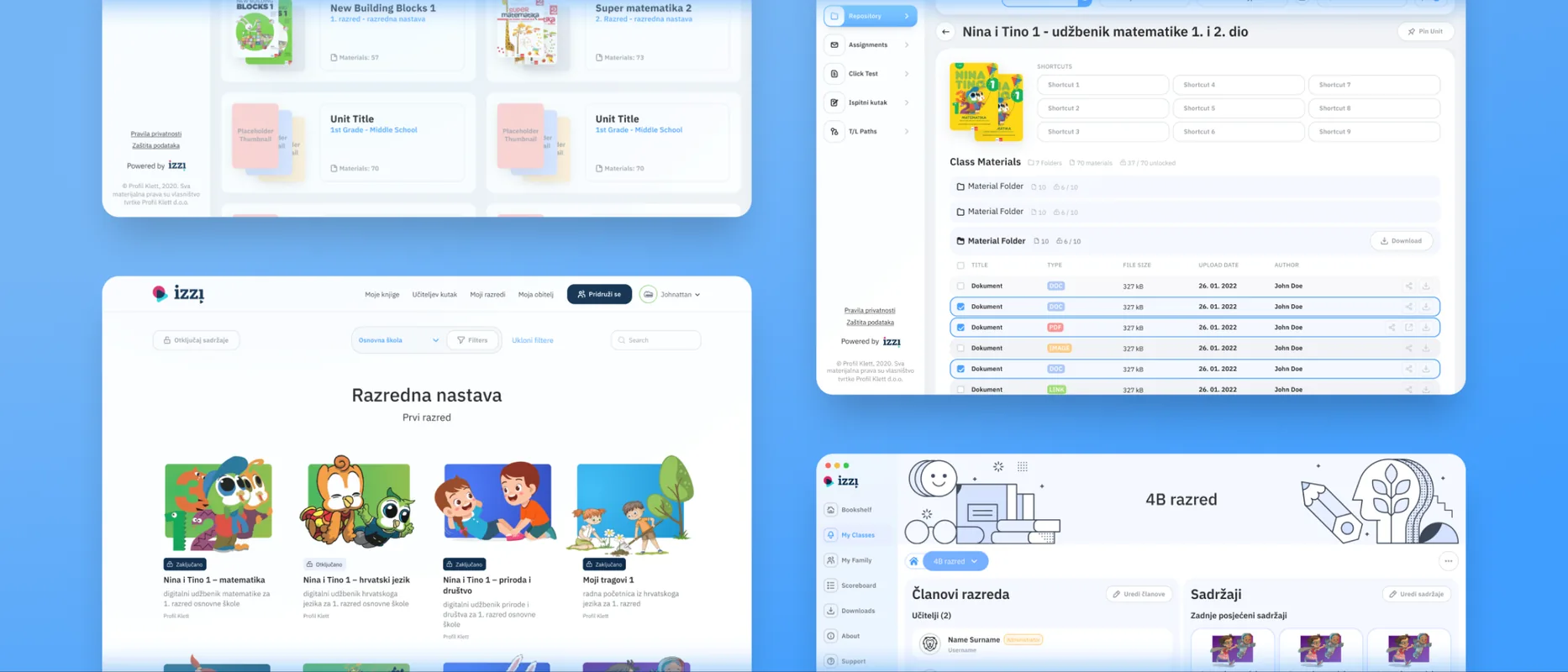 Bookshelf, the Izzi digital library: a vertically scrolling shelf of PDF books, interactive books, and games