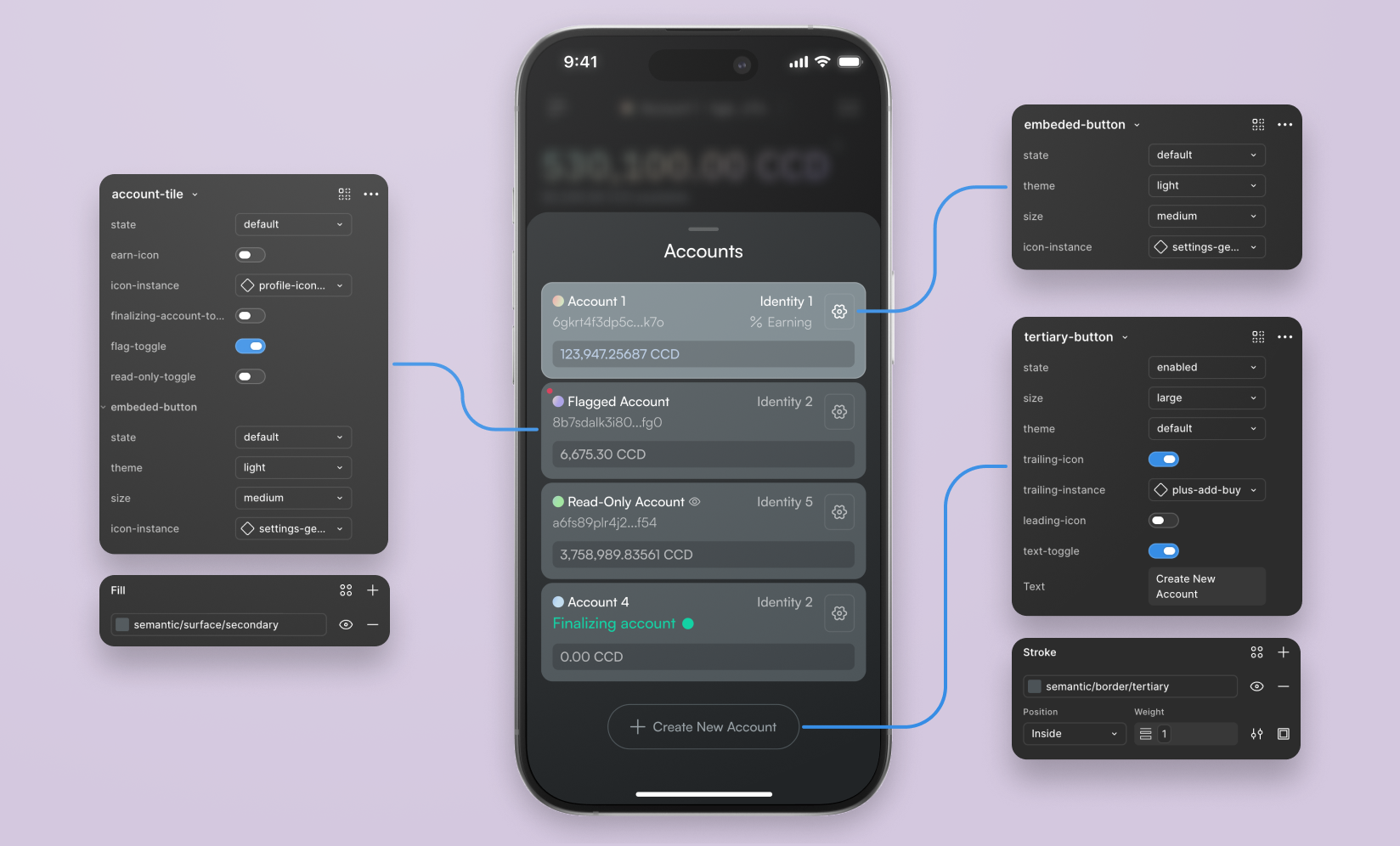 A live screen from the Mobile Wallet, with key components and their properties called out.