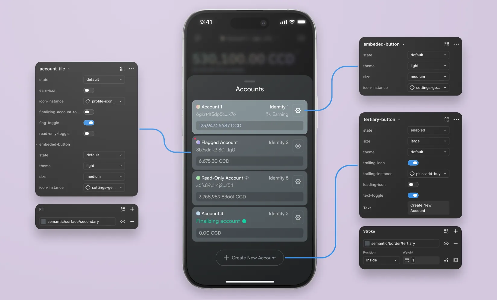 A live screen from the Mobile Wallet, with key components and their properties called out.